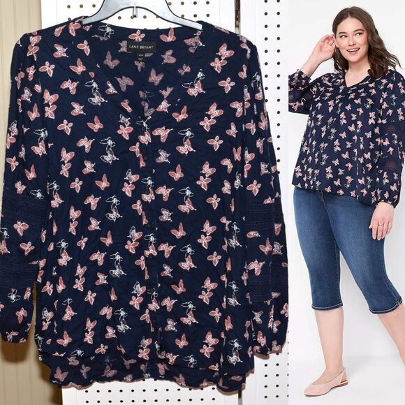 Plus Size 14/16 Lane Bryant Butterfly V-Neck Long Sleeve Button Front Lace Top - Picture 1 of 10